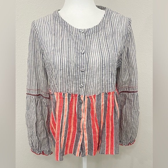 Lemlem Tops - LemLem Boho Blue & White & Peach Peplum Blouse w/ Fabric Buttons Small